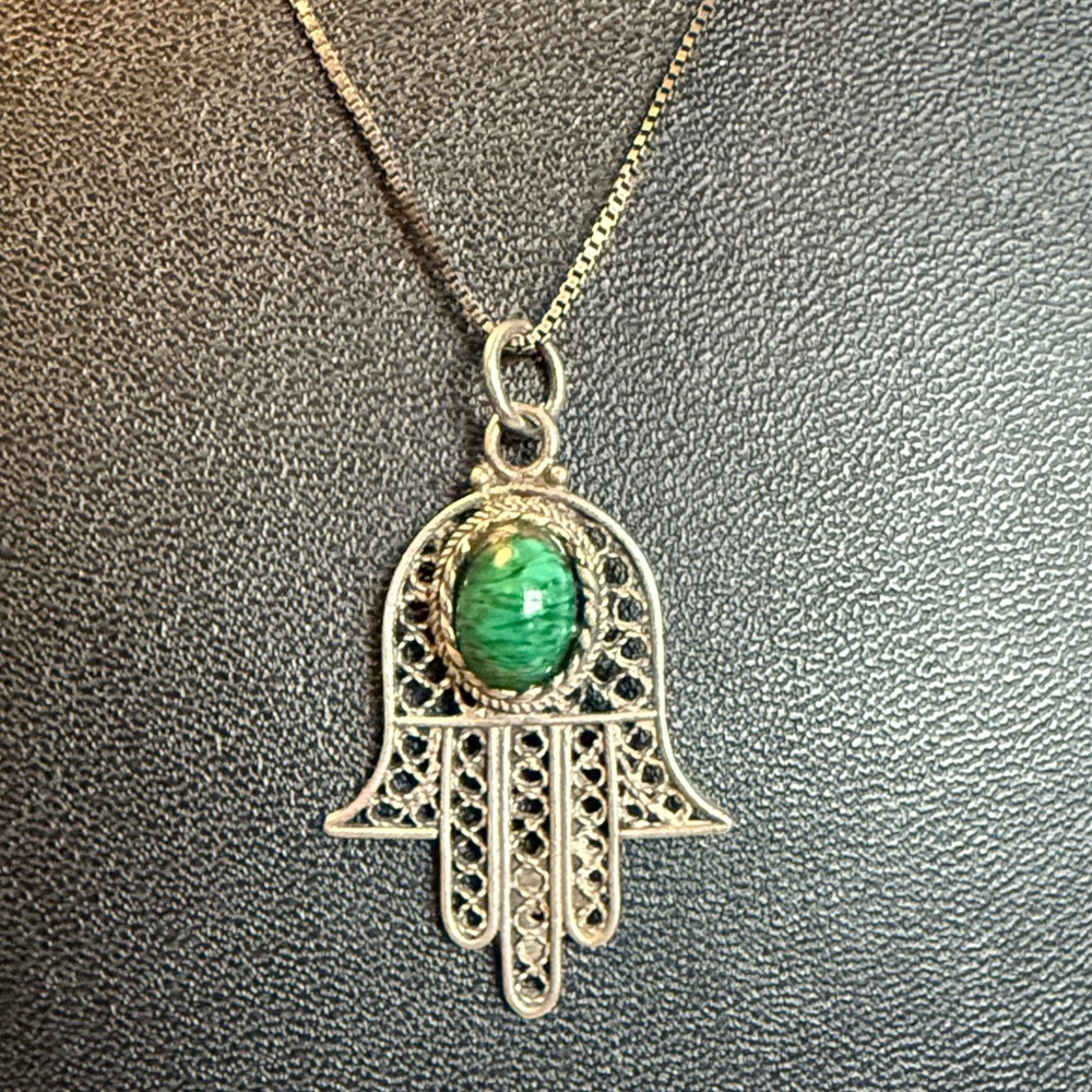 Sterling Silver Hamsa Necklace with Green Malachite Stone